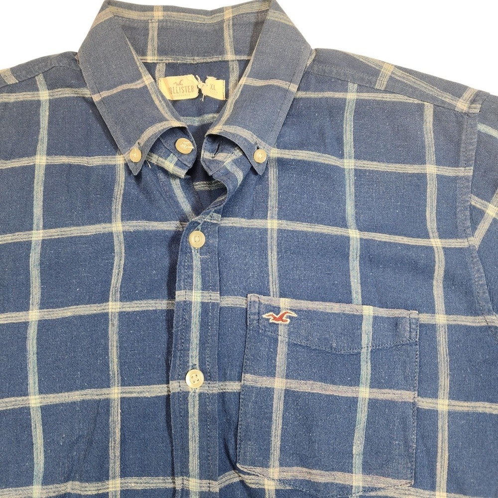 Hollister Mens XL Blue Plaid Linen Cotton Button Up Shirt